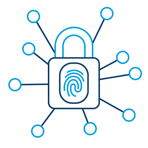 Blue outline icon showing a padlock containing a fingerprint symbol, with connected nodes extending outward from the lock.