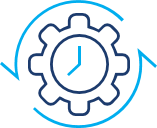 Blue outline icon showing a gear containing a clock symbol, surrounded by circular arrows.