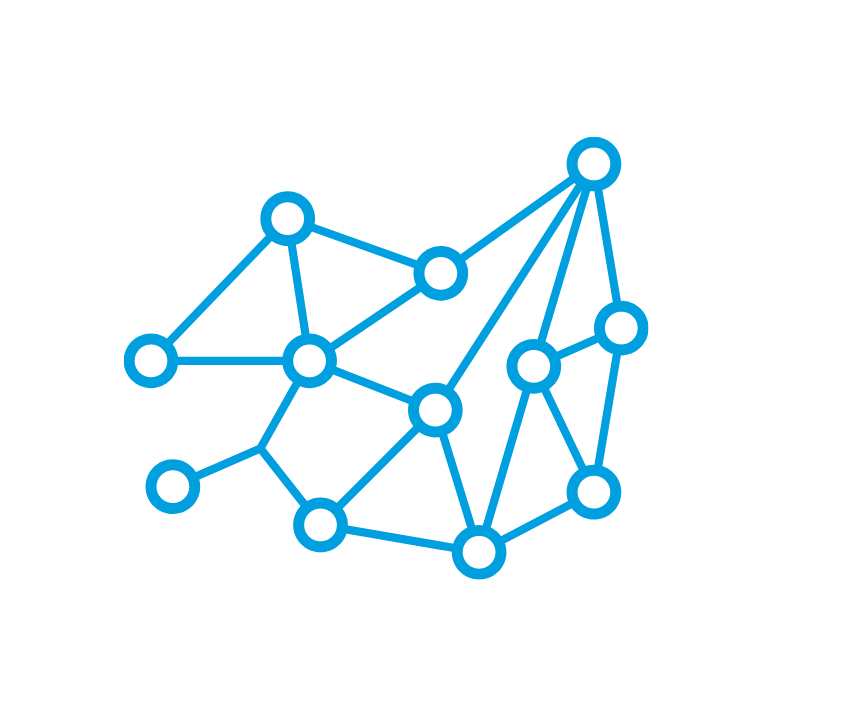 Blue network diagram showing multiple connected nodes linked by lines in an interconnected structure.