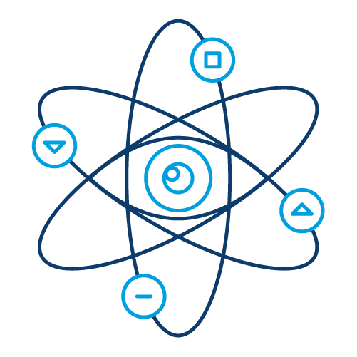 Blue outline icon showing a central circle with multiple orbiting circles connected by curved paths.