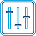 Line icon of a control panel with multiple vertical sliders and adjustment handles inside a rounded square outline, displayed on a light background