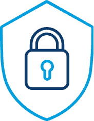 Line icon of a shield shape containing a padlock symbol with a keyhole at the centre, displayed on a light background