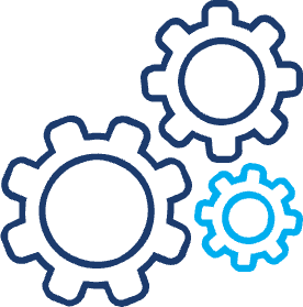 Line icon of three interlocking gear shapes of different sizes arranged together, displayed on a light background