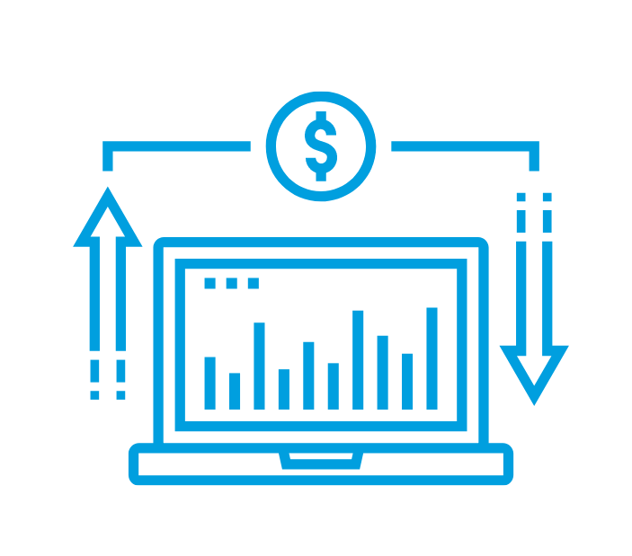Blue outline icon showing a computer screen with a bar chart, a currency symbol above and directional arrows on either side.