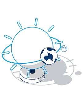 Illustration of a spherical object on a pedestal with short lines radiating outward, alongside a smaller circular icon showing two arrows forming a loop, on a plain background.