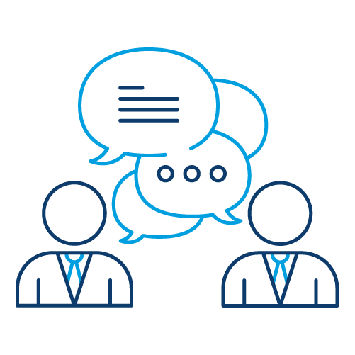 Blue outline icon showing two people beneath overlapping speech bubbles containing message symbols.