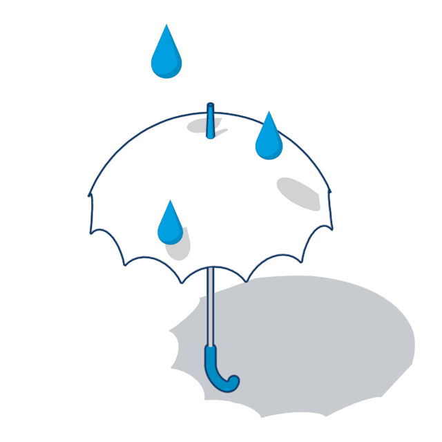 Illustration of an open umbrella with raindrops falling onto its surface and casting a shadow below.