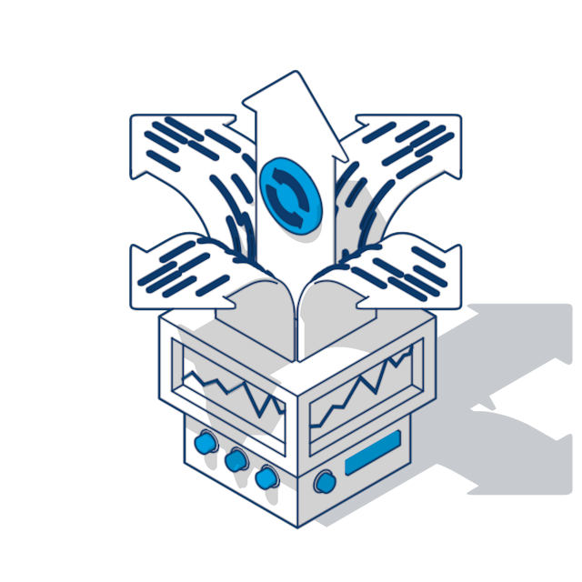 Illustration of a box-shaped machine with three upward-pointing arrows emerging from the top and a circular symbol on the central arrow.
