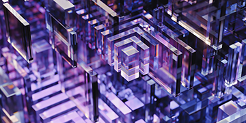 Abstract 3D illustration of layered rectangular shapes and cubes arranged in a grid pattern with purple, blue, and pink lighting.