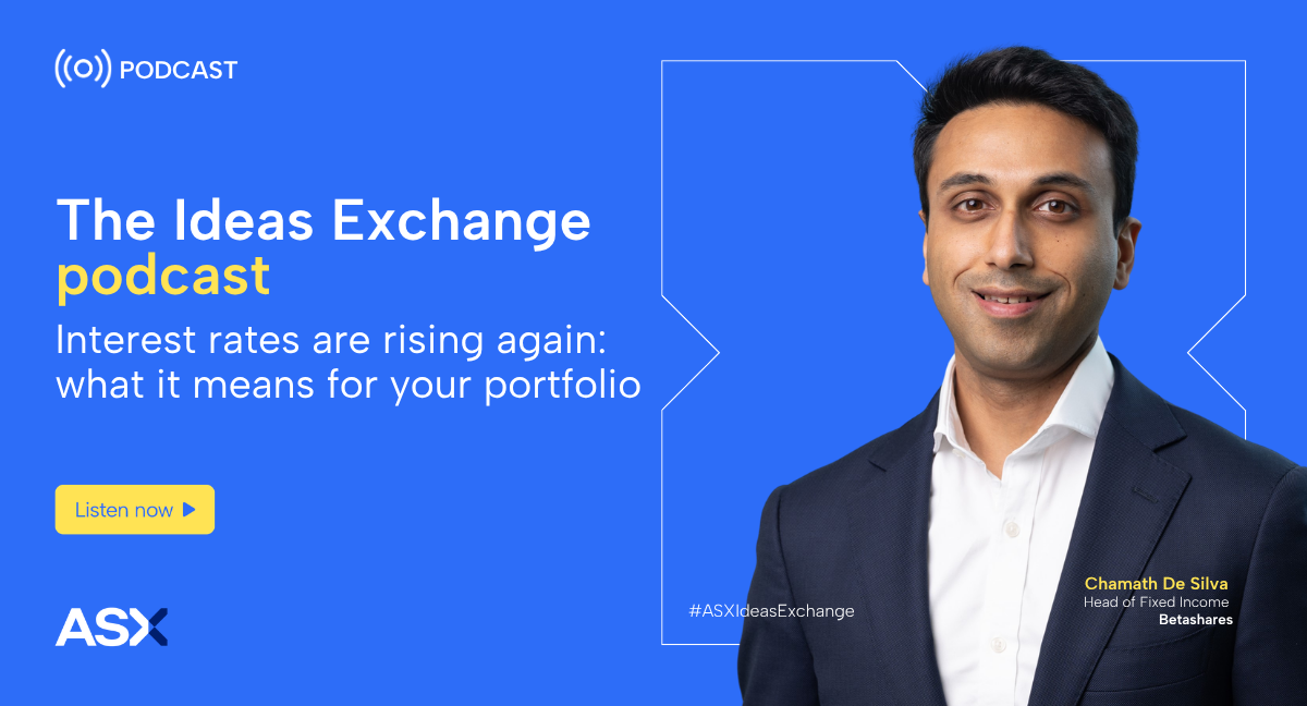 Digital promotional banner for The Ideas Exchange podcast from ASX. Featuring  Chamath De Silva, Betashares 