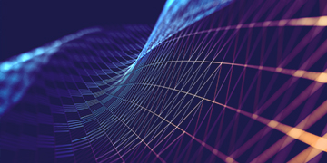 Abstract digital background showing flowing wave-like lines and grid patterns in shades of blue and purple