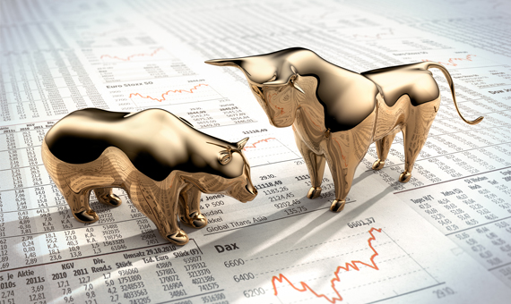 Close-up of bull and bear figurines placed on financial documents with charts, shown as part of a course card titled Shares with descriptive text and a See more button