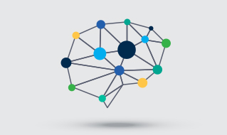 Abstract graphic showing interconnected multicoloured nodes linked by lines, forming a network structure on a light background