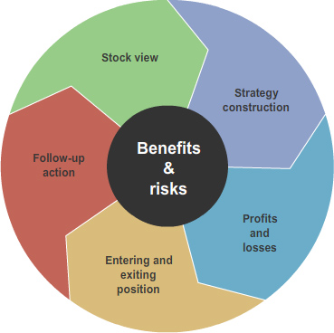 Circular segmented diagram with a central label benefits and risks, surrounded by sections labelled stock view, strategy construction, profits and losses, entering and exiting position, and follow-up action.