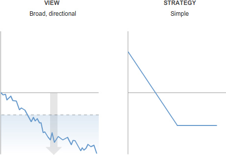 Two-panel layout showing a line chart trending downward under the heading view: broad, directional, and a corresponding simple strategy line with a downward section and flat segment.