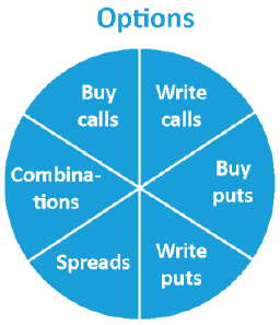Pie representing Options strategies including buy calls, write calls, buy puts, write puts, spreads and combinations