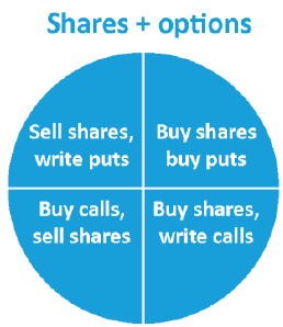 Pie representing shares + options strategies, including sell shares and write puts, buy shares and buy puts, buy calls and sell shares, and buy shares and write calls
