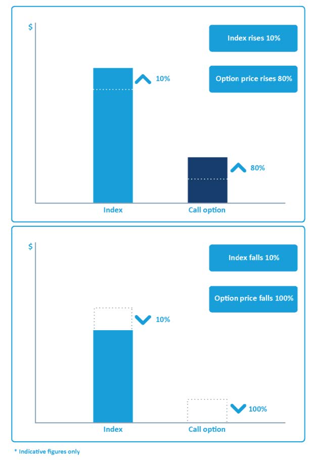 Two bar charts comparing percentage changes in an index and a call option, with examples labelled “Index rises 10%” and “Index falls 10%”, alongside corresponding changes in call option price.