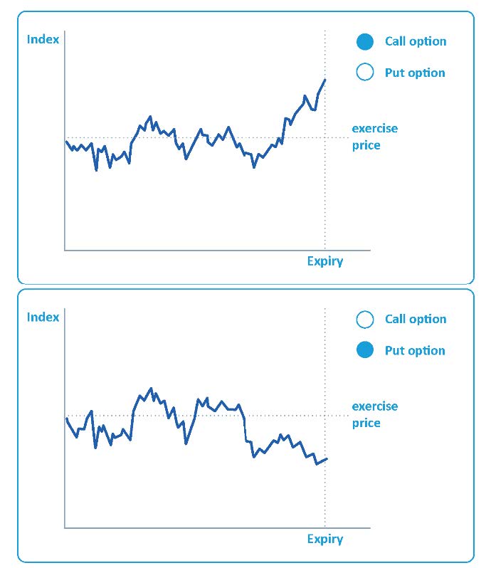 Two line charts showing index movement relative to an exercise price at expiry, with indicators identifying call option and put option status in each scenario.