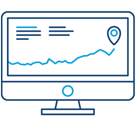 Illustration of a computer monitor displaying a line chart with horizontal text lines and a location marker icon in the top right corner.