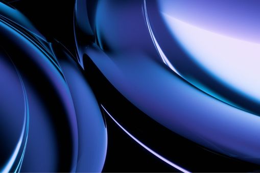 Abstract close-up of smooth curved surfaces in metallic blue and purple tones. The composition features overlapping rounded forms with glossy reflections and gradients.