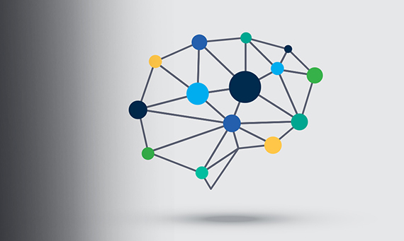 Stylized illustration of a brain formed by interconnected nodes and lines. 