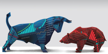 Bull and bear sculptures overlaid with financial charts and market data graphics.