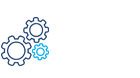Line icon of three interconnected gear shapes of different sizes, including one outlined in a lighter colour, displayed on a light background