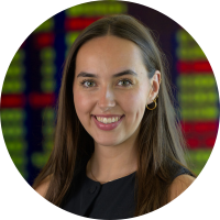 Headshot of Jasmine Hogg on ASX ticker background