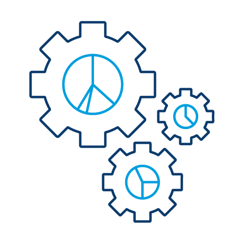 Blue outline icon showing three interlocking gears, each containing a segmented chart graphic.