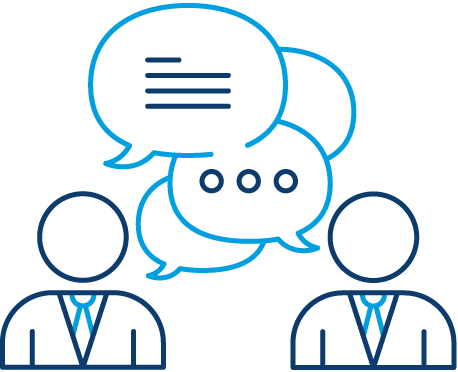 Blue outline icon showing two people beneath overlapping speech bubbles containing message symbols.