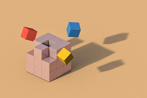 Graphic of cube with blue, red and yellow blocks