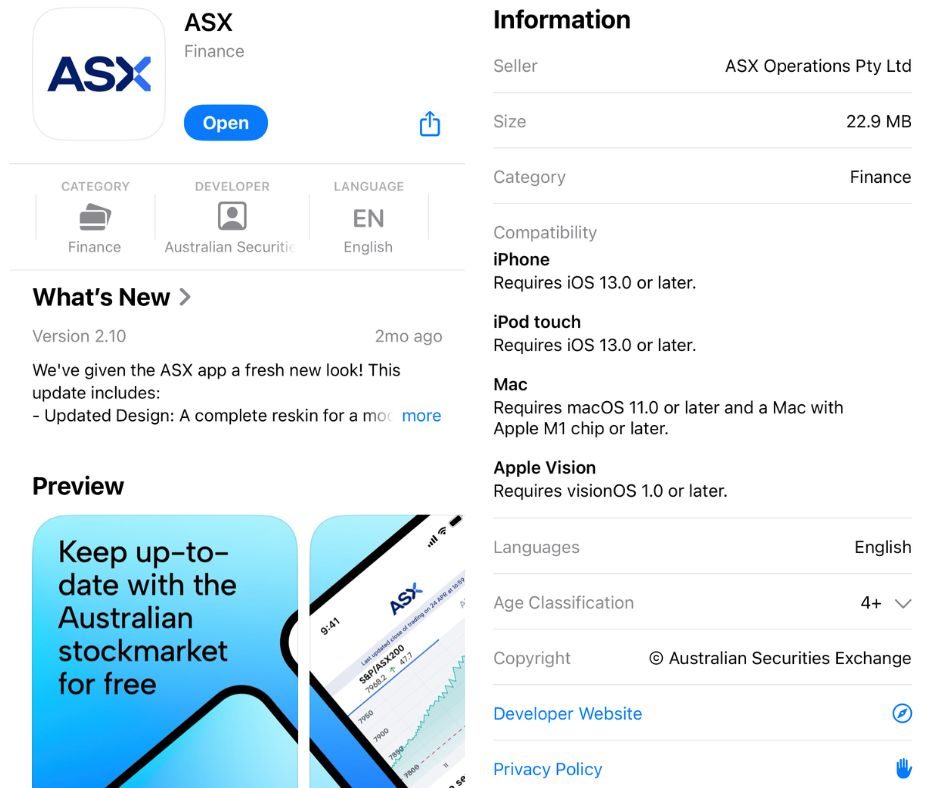 A screenshot view of the ASX branded app listed in Apple's app store.