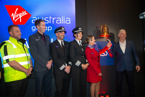 Employees from Virgin ringing the ASX bell