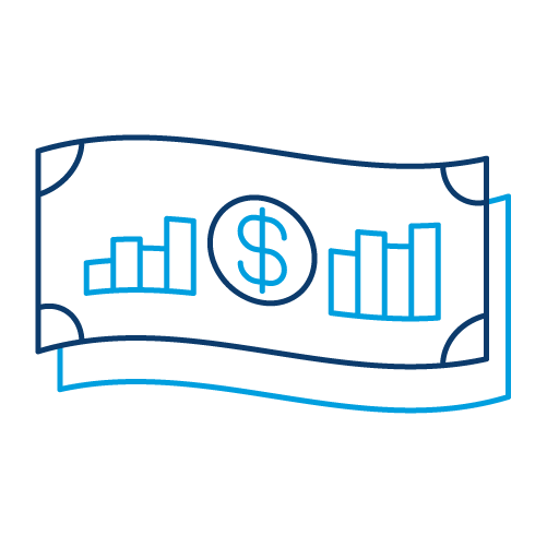 Blue outline icon of a banknote featuring bar chart graphics and a currency symbol in the centre.
