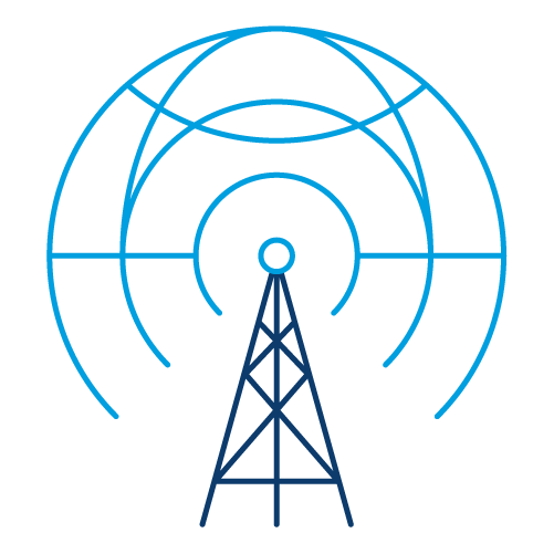 Blue outline icon showing a communications tower surrounded by concentric signal rings.