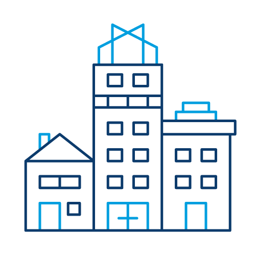 Blue outline icon showing three commercial buildings grouped together.