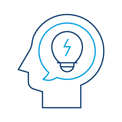 Blue outline icon of a human head containing a light bulb with a lightning symbol inside. The graphic represents a concept related to market analysis and ideas.