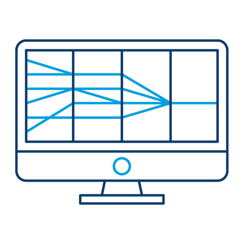 Blue outline icon of a computer monitor displaying chart lines that converge towards a central point.