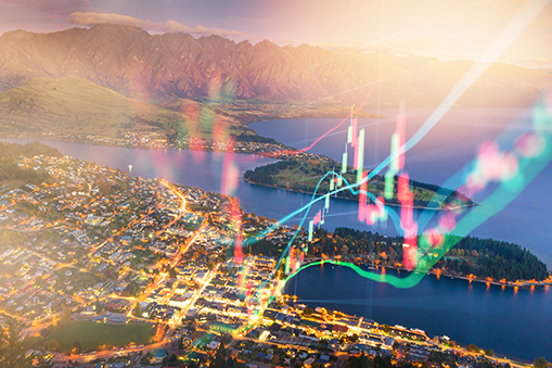 Cityscape with abstract financial data overlay