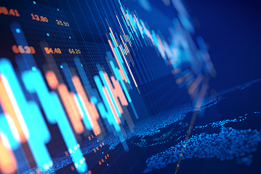 Abstract financial market chart with glowing blue and orange data lines overlaying a map of Australia