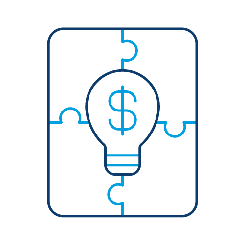 Blue outline icon showing a lightbulb containing a currency symbol, positioned within interlocking puzzle pieces.