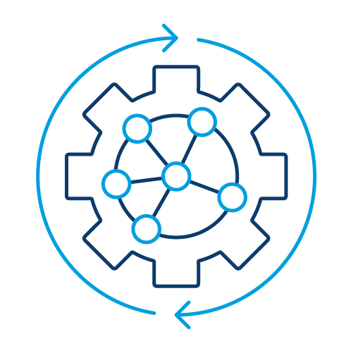 Blue outline icon showing a gear containing a network of connected nodes, surrounded by circular arrows.