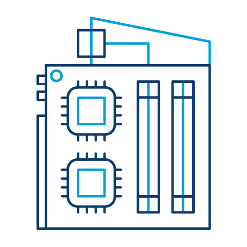 Blue outline icon showing a circuit board with two computer chips and connection components mounted on a rectangular panel.