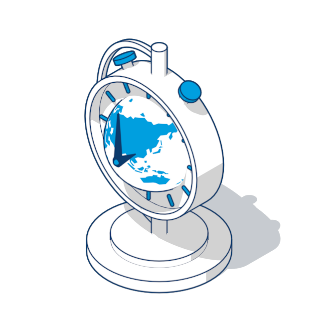 Illustration of a stopwatch containing a globe, with Australia and Asia visible on the map inside the clock face.