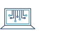 Line icon of an open laptop displaying a chart with vertical bars and data points on the screen, with a keyboard and base visible below, displayed on a light background