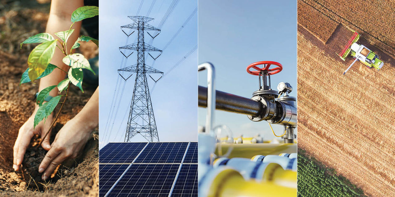 Composite image showing four vertical panels including hands holding a small plant in soil, electrical transmission towers above solar panels, industrial piping with a valve, and an aerial view of farmland with agricultural machinery