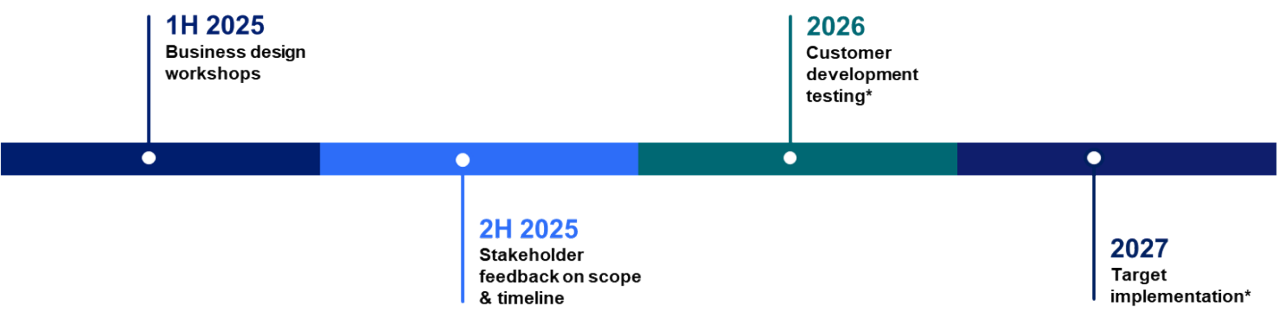 1H 2025: Business Design Workshops; 2% 2025: Stakeholder feedback on scope & timeline; 2026: Customer development testing; 2027: Target implementation