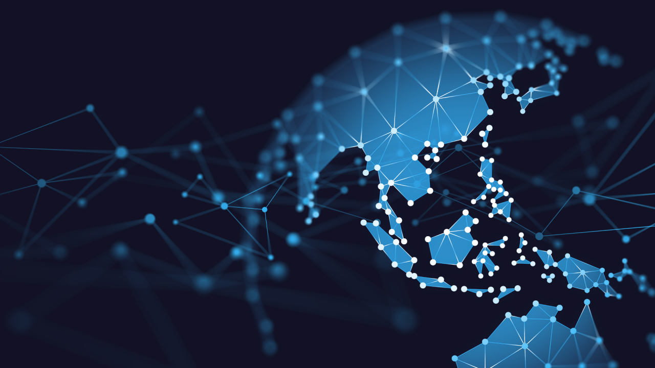 Digital illustration of the Asia-Pacific region with connected nodes and lines forming a network pattern on a dark blue background.