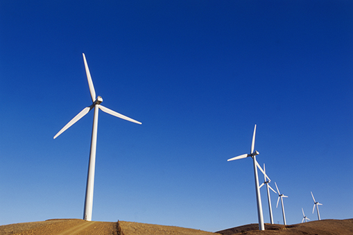 Windmills in a field with a blue sky in the background